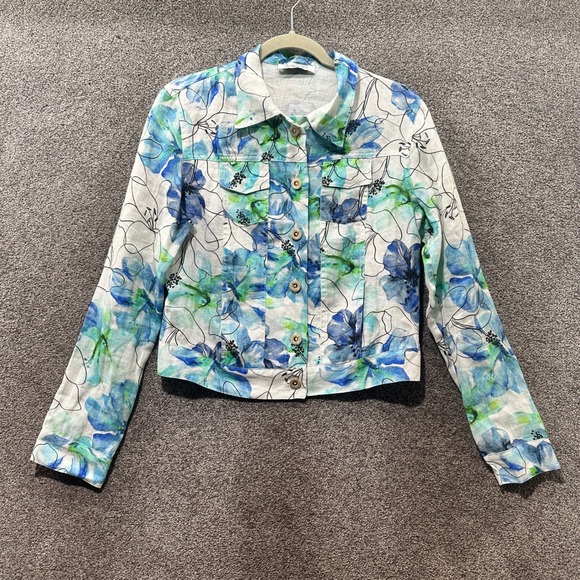 Haris Cotton Jackets & Blazers - Haris‎ Cotton Button Up Jacket Women Small 100% Linen Blue Floral Watercolors